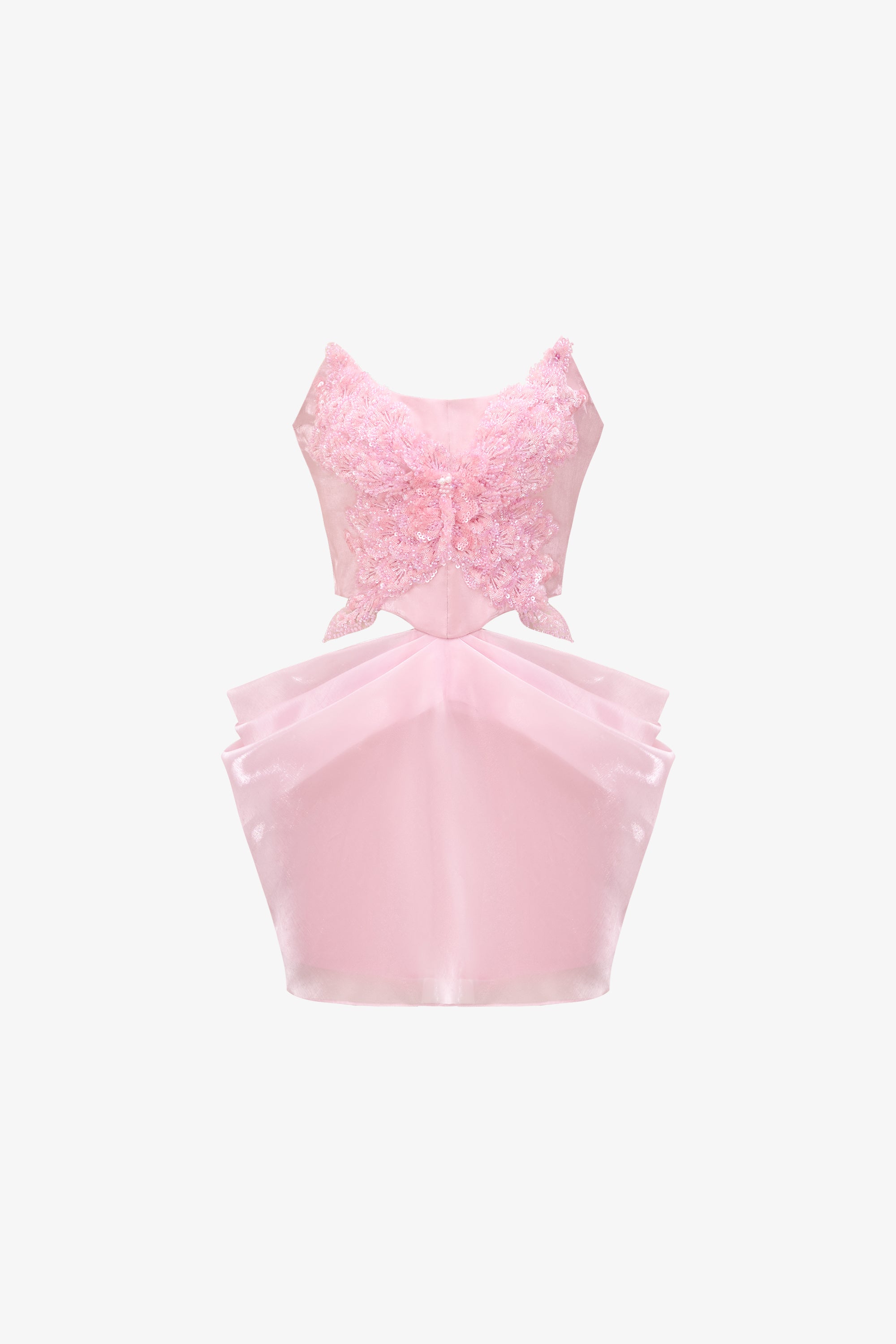 Pink mini dress in organza with hand-beaded butterfly motif.