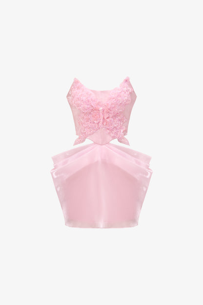 Pink mini dress in organza with hand-beaded butterfly motif.