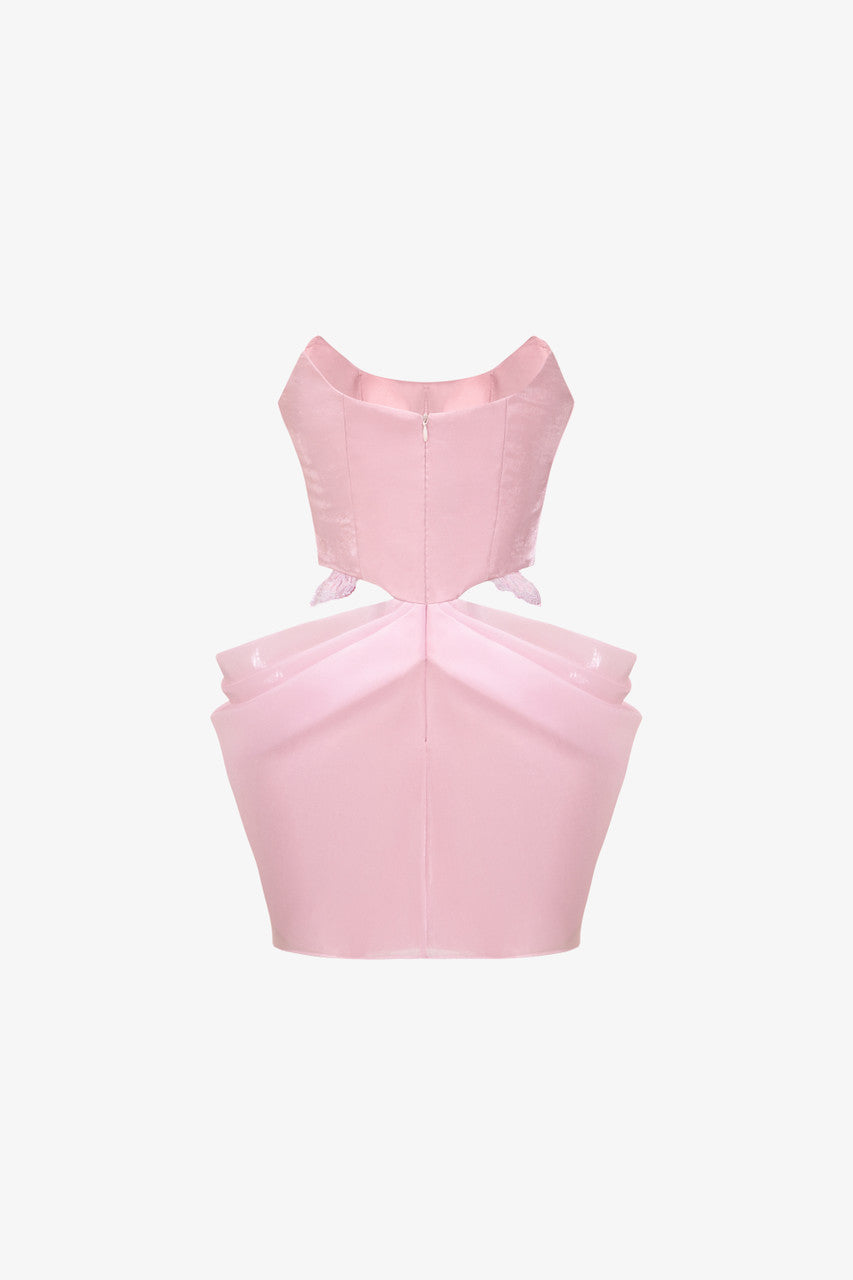 Pink mini dress in organza with hand-beaded butterfly motif.