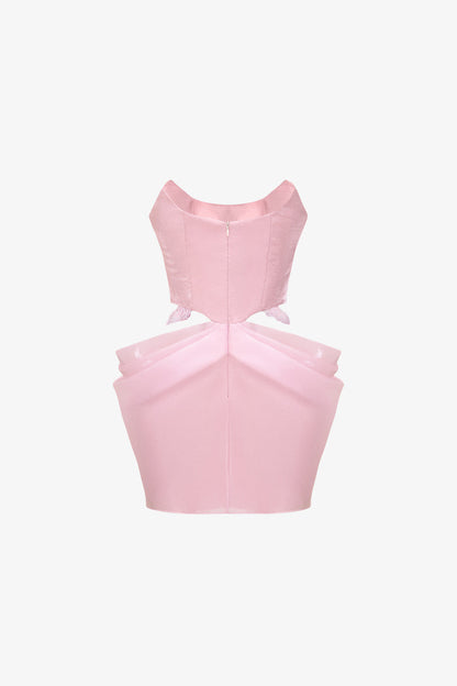Pink mini dress in organza with hand-beaded butterfly motif.