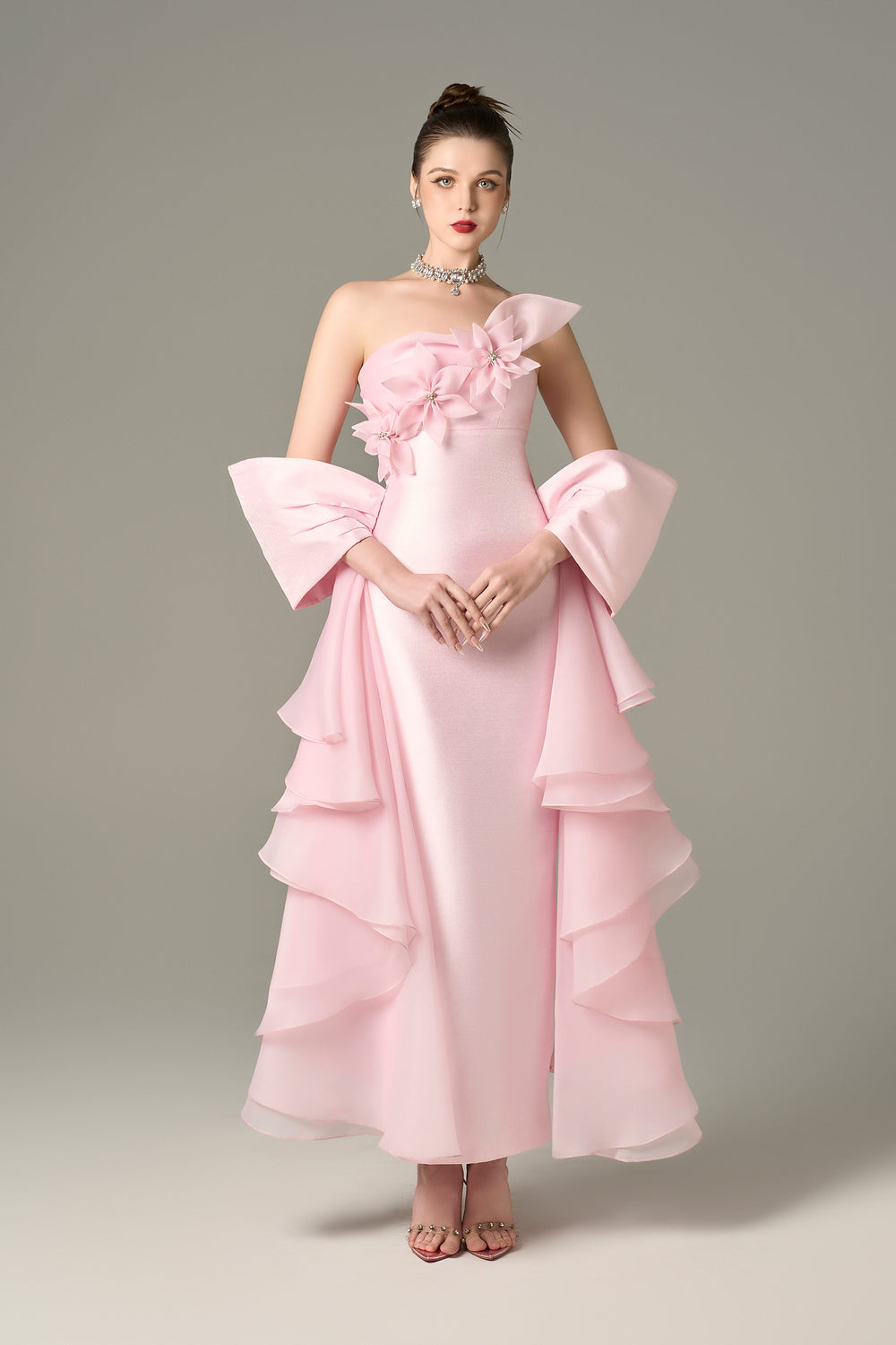 Ornate Pleated Gown with Handcrafted Flowers