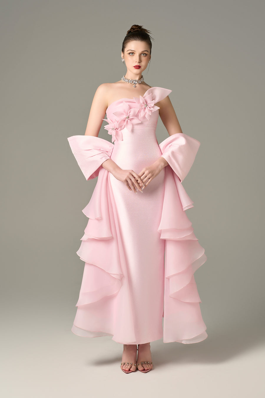 Ornate Pleated Gown with Handcrafted Flowers