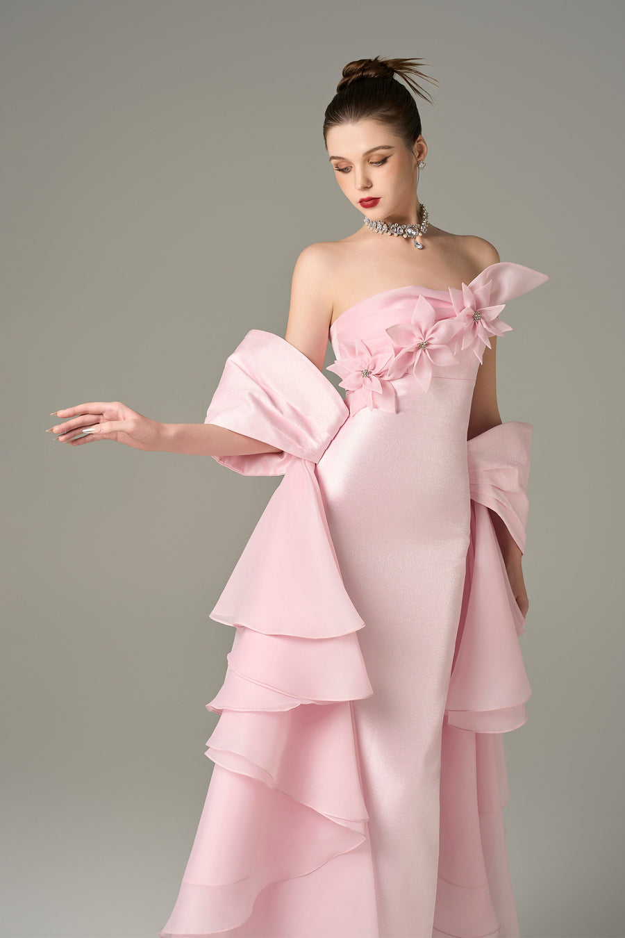 Ornate Pleated Gown with Handcrafted Flowers