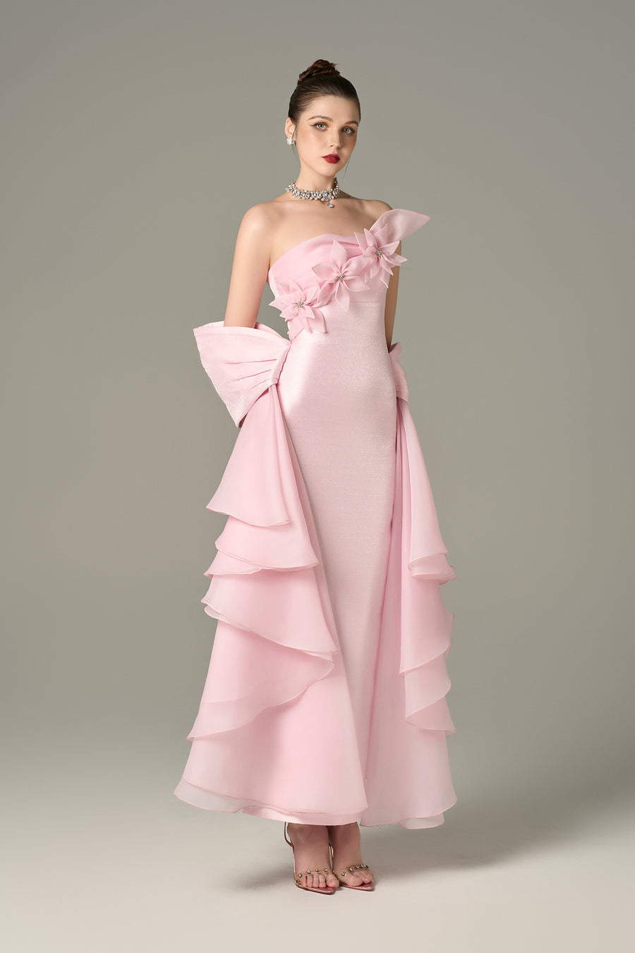 Ornate Pleated Gown with Handcrafted Flowers