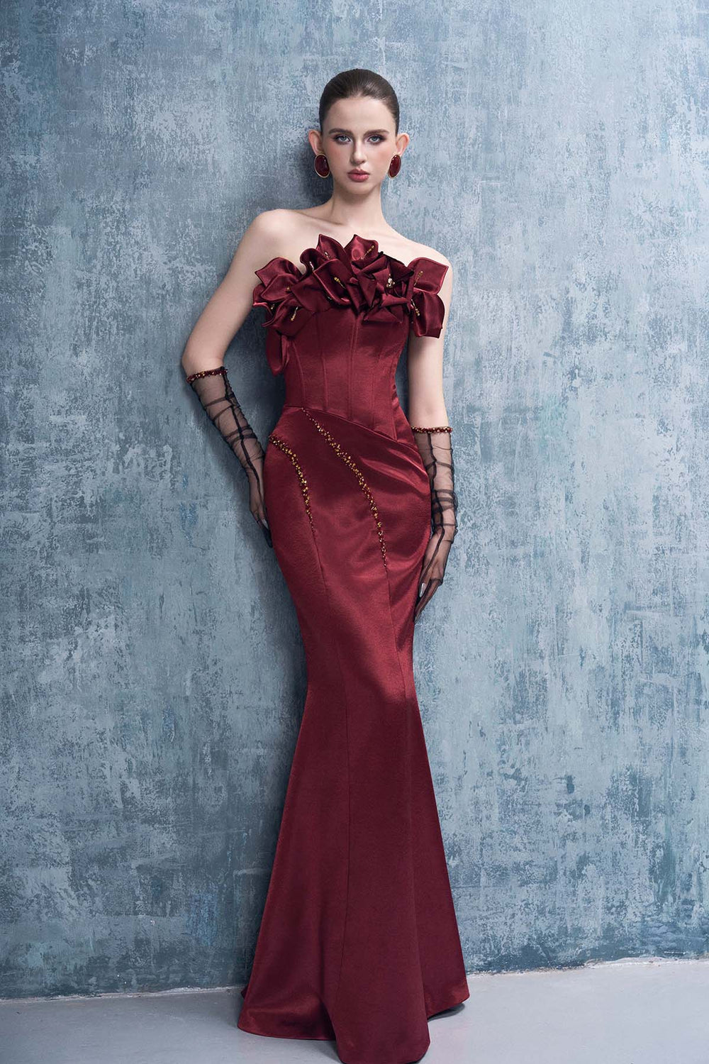 Merlot Bandeau 3D Floral Maxi Dress With Gloves