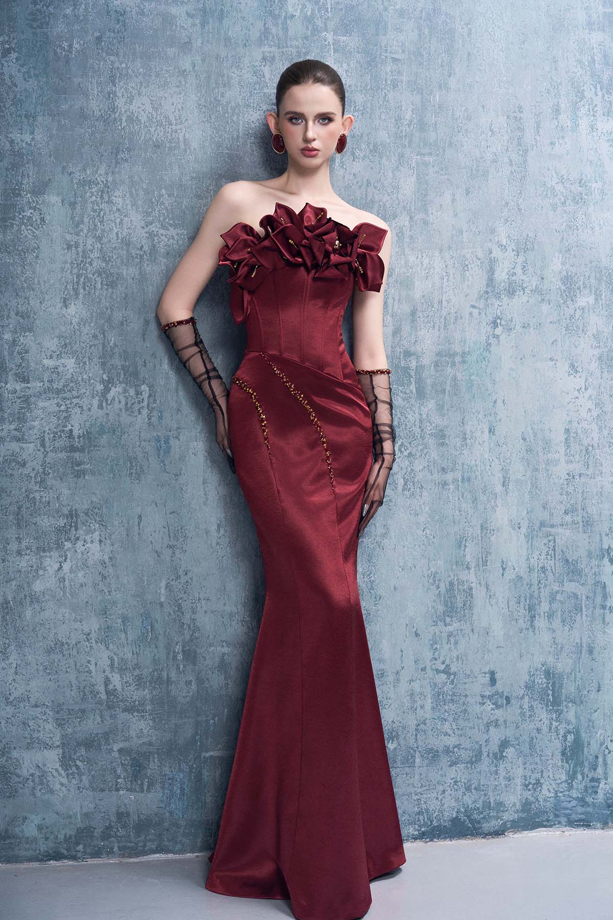 Merlot Bandeau 3D Floral Maxi Dress With Gloves
