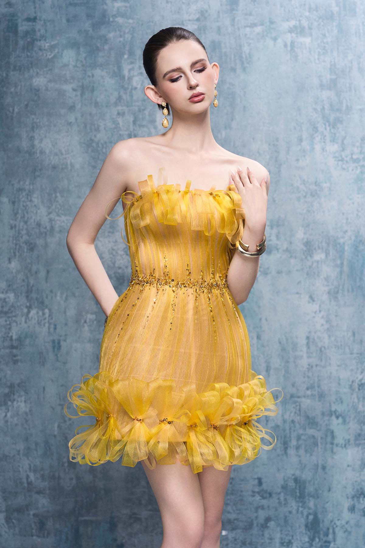 Goldie Strapless Ruched Mini Dress With Crystal-Embellished Bows