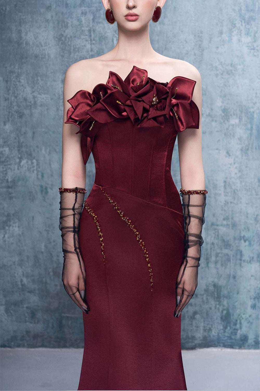 Merlot Bandeau 3D Floral Maxi Dress With Gloves