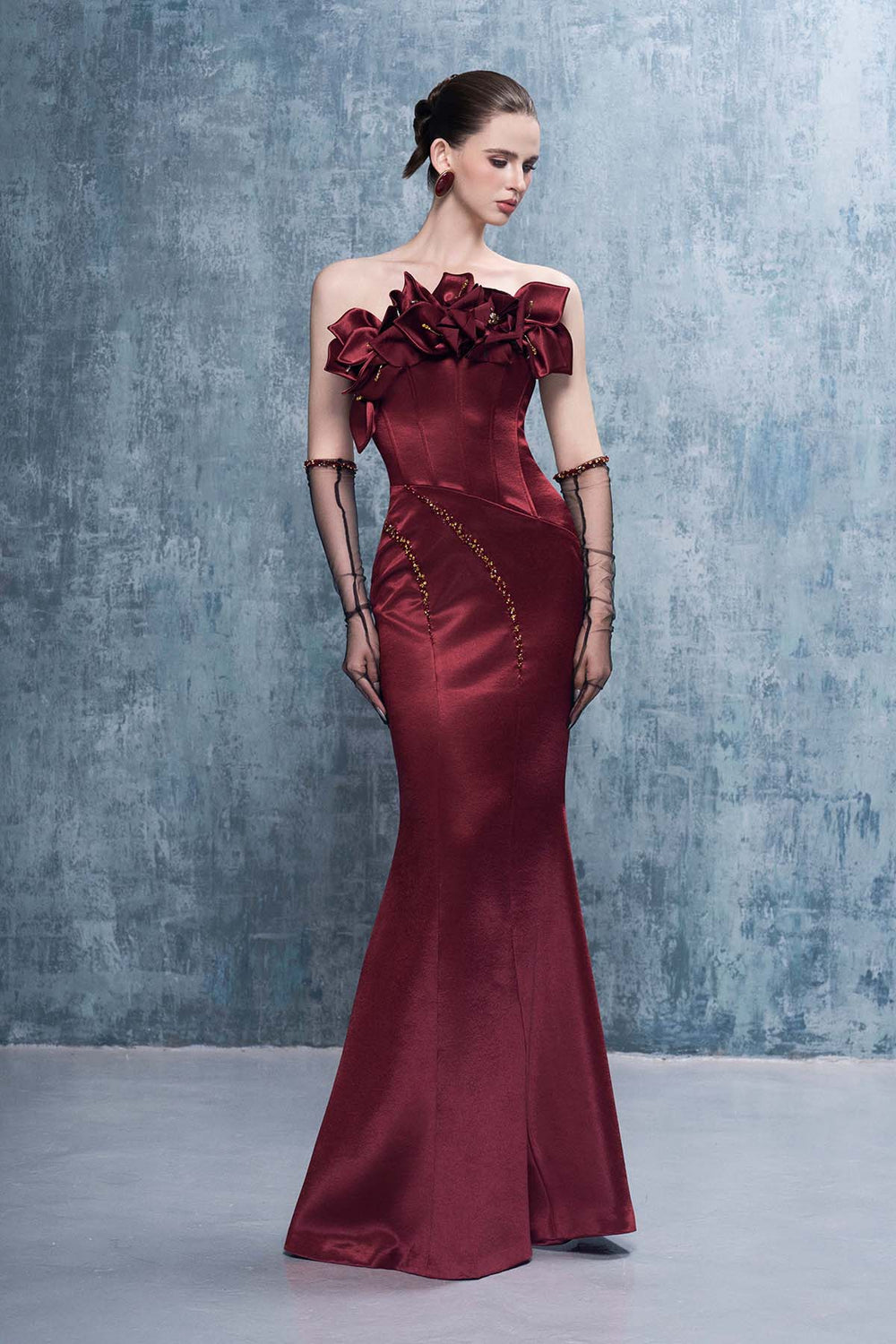 Merlot Bandeau 3D Floral Maxi Dress With Gloves