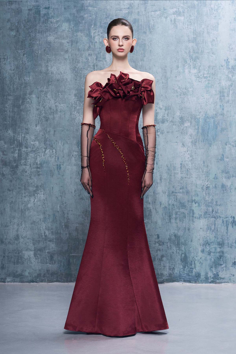 Merlot Bandeau 3D Floral Maxi Dress With Gloves