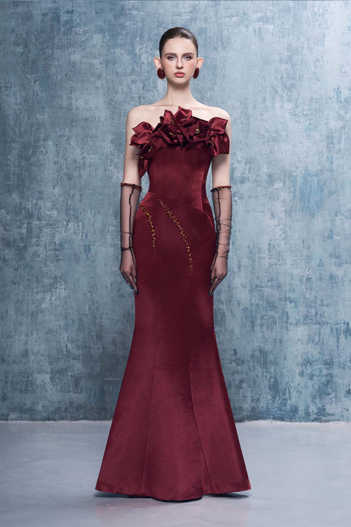 Merlot Bandeau 3D Floral Maxi Dress With Gloves