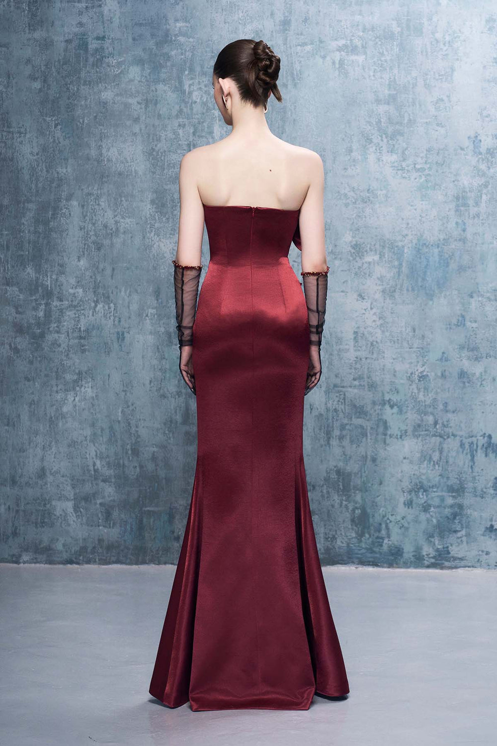 Merlot Bandeau 3D Floral Maxi Dress With Gloves
