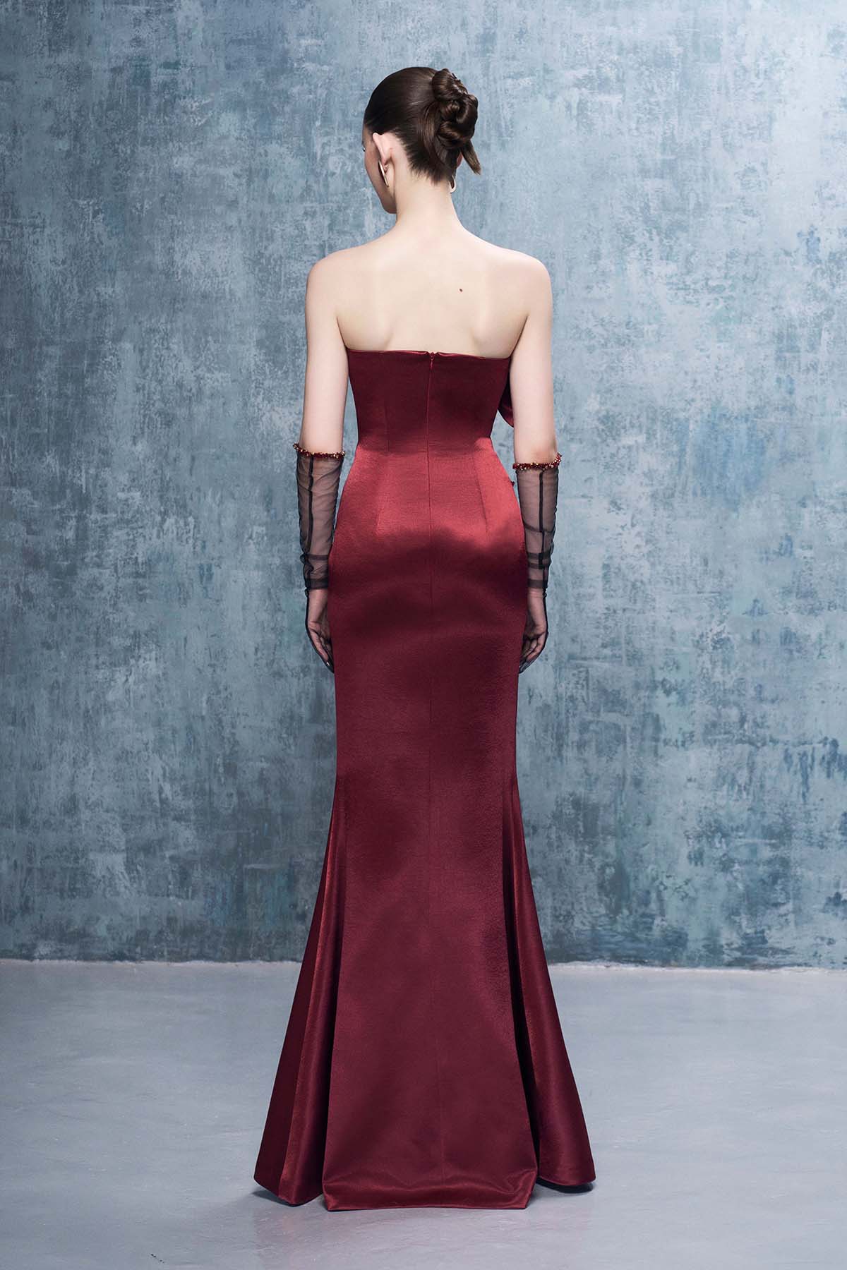 Merlot Bandeau 3D Floral Maxi Dress With Gloves