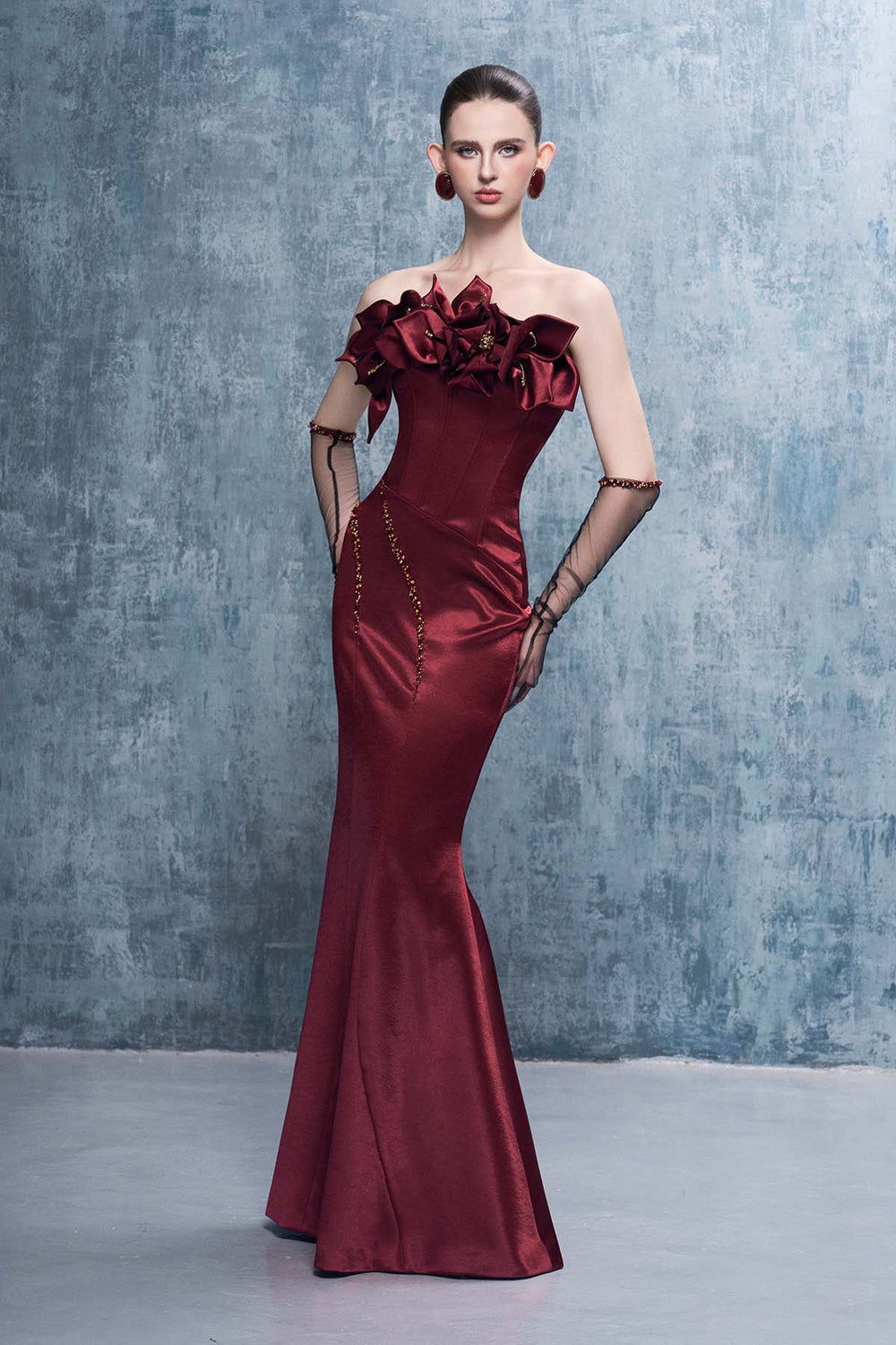 Merlot Bandeau 3D Floral Maxi Dress With Gloves