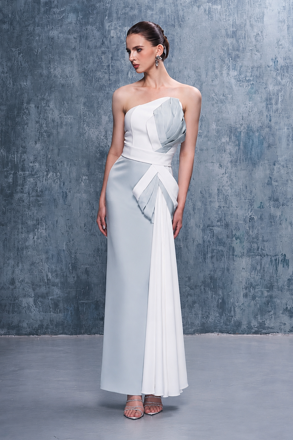 Nadia Asymmetrical Neckline Draped Maxi Dress With Side Train