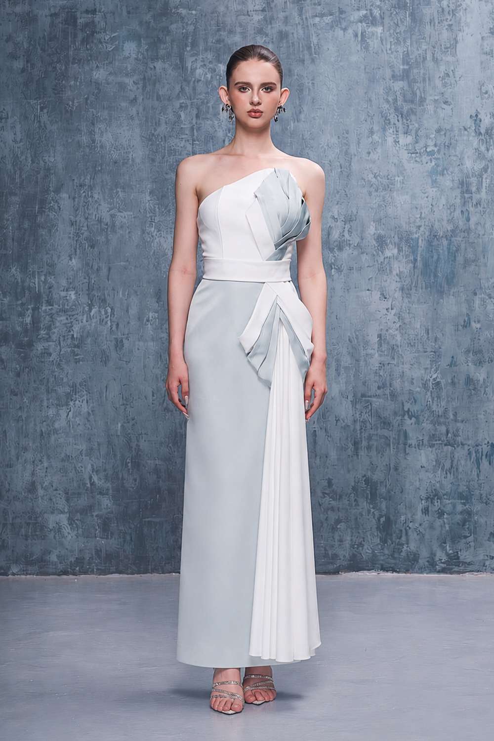Nadia Asymmetrical Neckline Draped Maxi Dress With Side Train