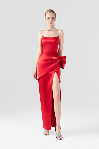Nightfall Bow Accent Silk Body-Hugging Maxi Dress