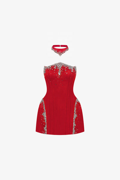 The red mini dress with a wavy neckline, puffed hips, sparkling embellishments, and an intricately designed choker. 