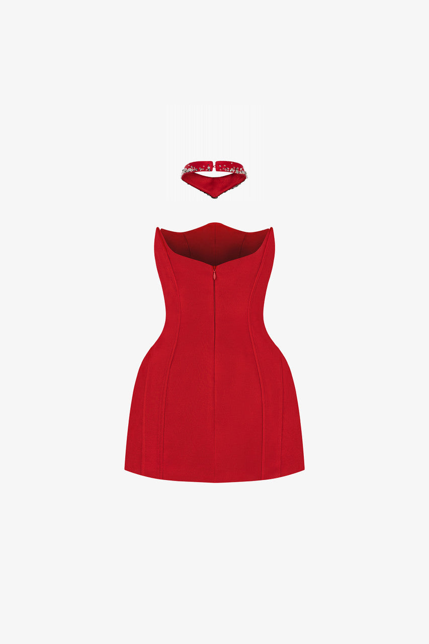 The red mini dress with a wavy neckline, puffed hips, sparkling embellishments, and an intricately designed choker. 