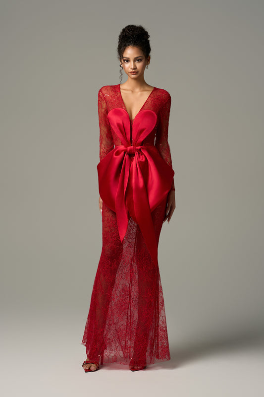 Red Long Sleeve Lace Maxi Dress with Silk Oversized Bow Accent blends timeless romance with modern sophistication. 
