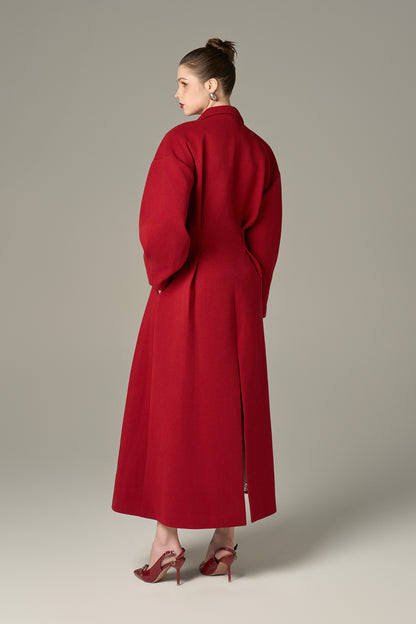 The Red Oversize Coat has a thoughtfully designed long back vent enhances mobility. 