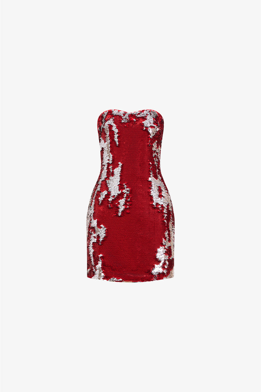 The mini dress in red and silver sequins,  Strapless design and body-hugging fit. 
