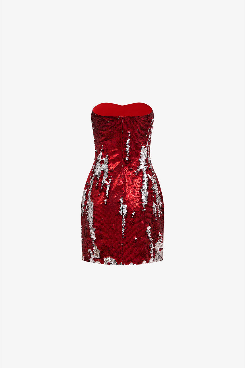 The mini dress in red and silver sequins,  Strapless design and body-hugging fit. 
