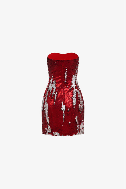 The mini dress in red and silver sequins,  Strapless design and body-hugging fit. 