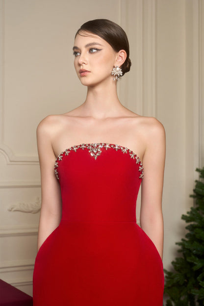 Red evening dress in velvet, with a bodycon silhouette, puff hips, and a dome-shaped neckline.