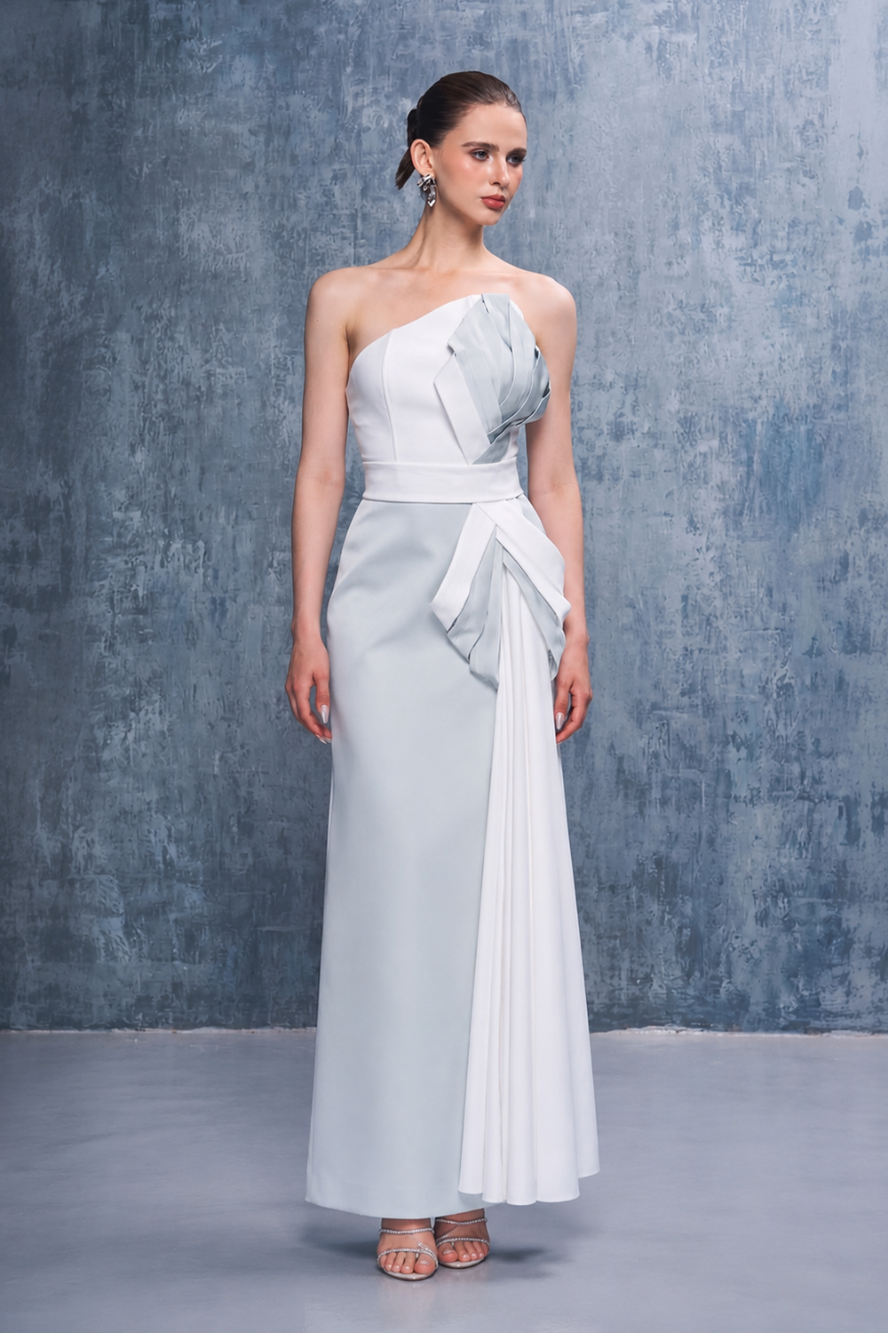 Nadia Asymmetrical Neckline Draped Maxi Dress With Side Train