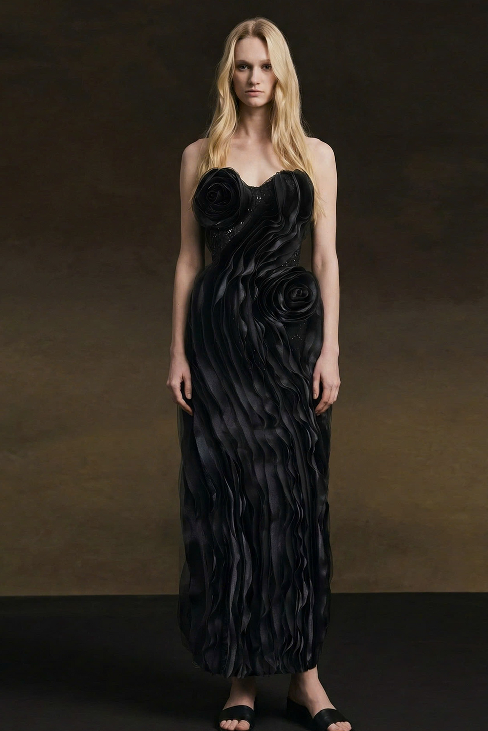 Ember Couture Dual Style Bandeau Layered 3D Roses Maxi Dress With Veil