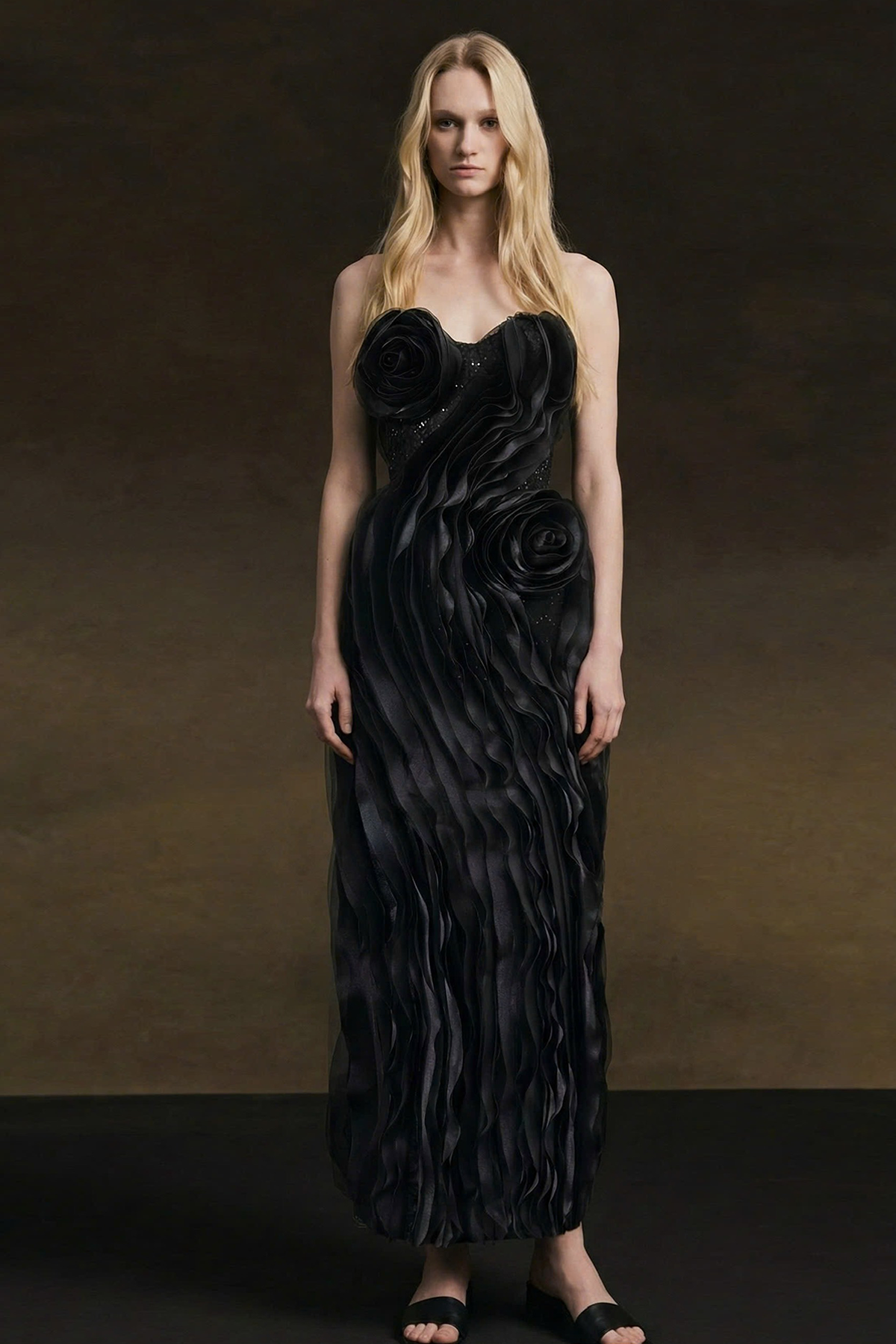 Ember Couture Dual Style Bandeau Layered 3D Roses Maxi Dress With Veil