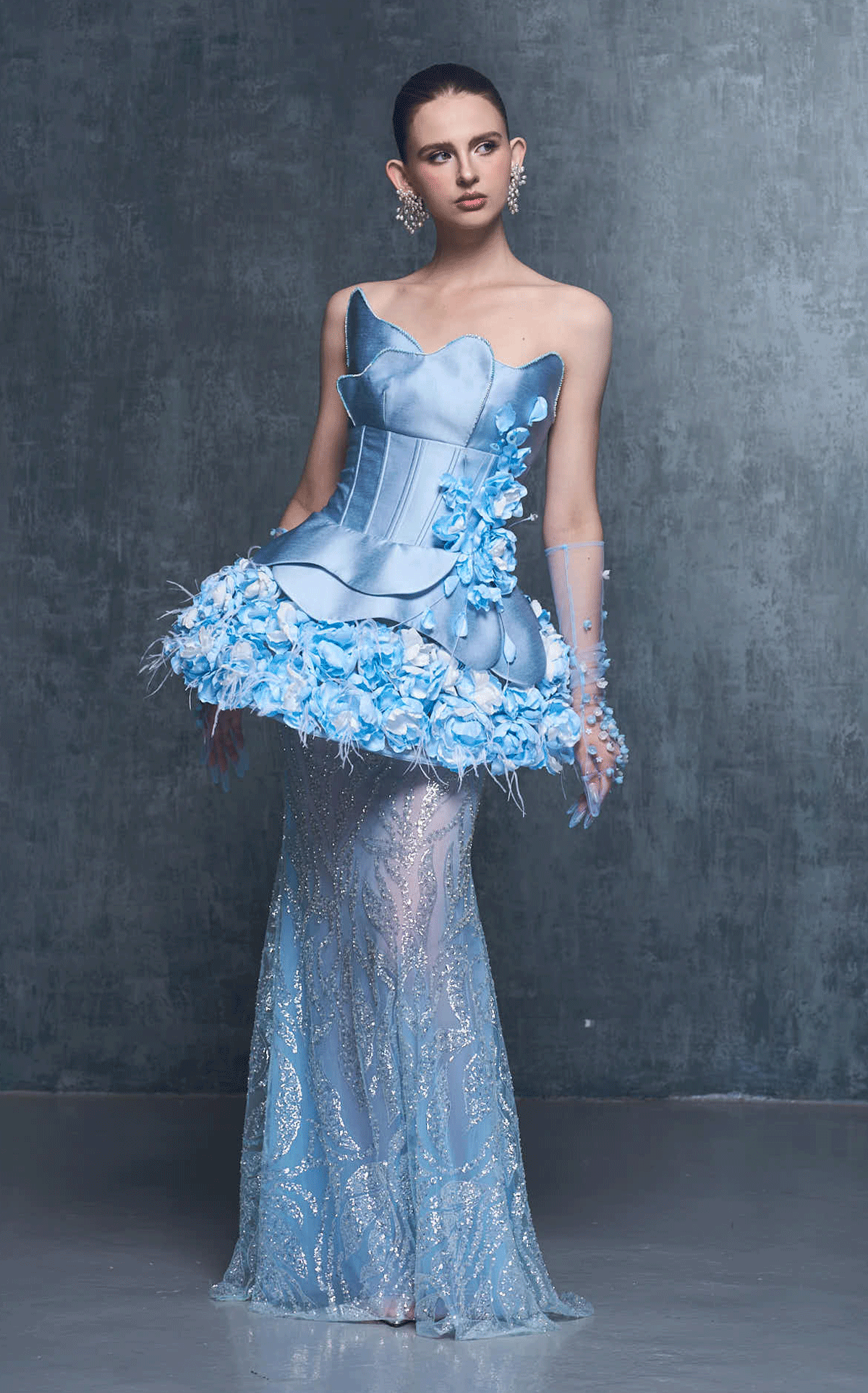 Chateau Strapless Mesh and Floral Accents Gown