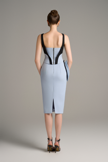 Woman wearing a blue dress with black accents