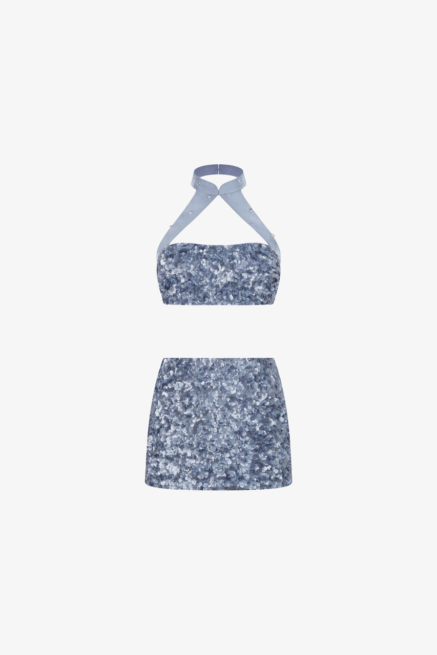 cheongsam mini dress Kalisa Party Sequin Set Cheongsam Neckline Crop Top and Mini Skirt Grey Blue / 1X
