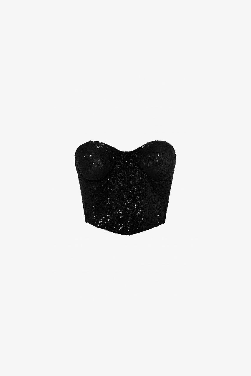 Black bustier top with shimmering sequins. Perfect for evening events and parties.