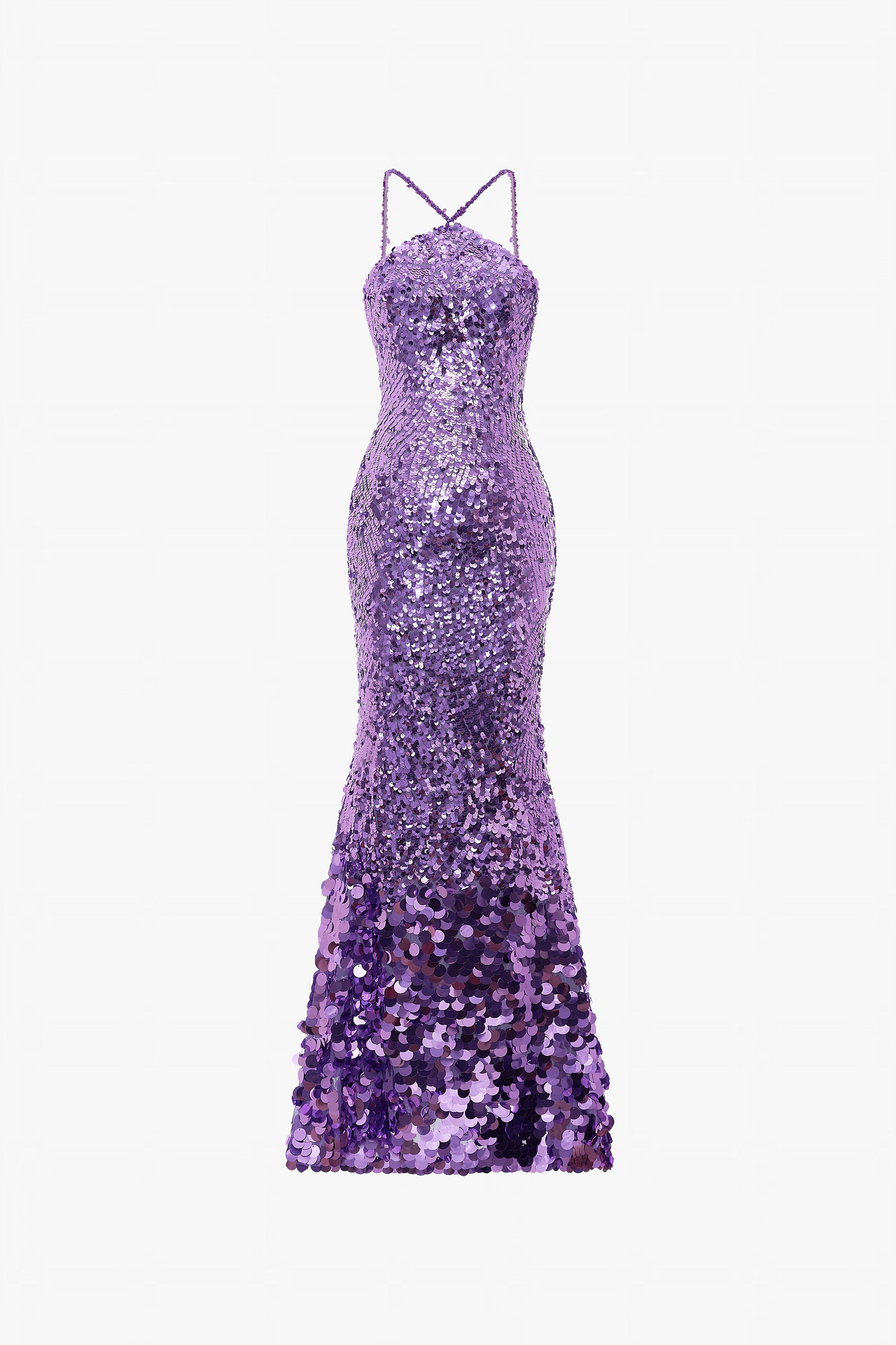 The purple sequins maxi dress with halter neckline, mermaid-style skirt, and matching lace gloves. 