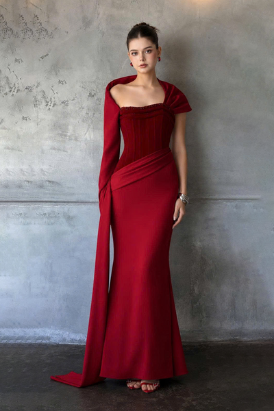 Julia Strapless Corset Maxi Dress With One Sleeve Draped Scarf