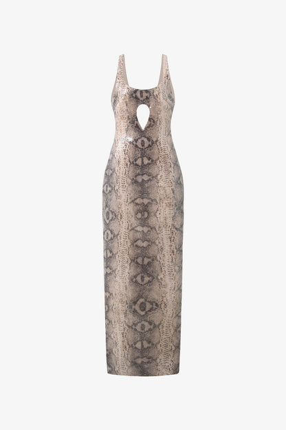 The grey maxi dress, made of sequin fabric. Scoop neckline, sexy cut-out detail and open-back design.