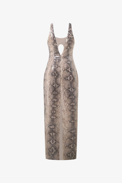 The grey maxi dress, made of sequin fabric. Scoop neckline, sexy cut-out detail and open-back design.