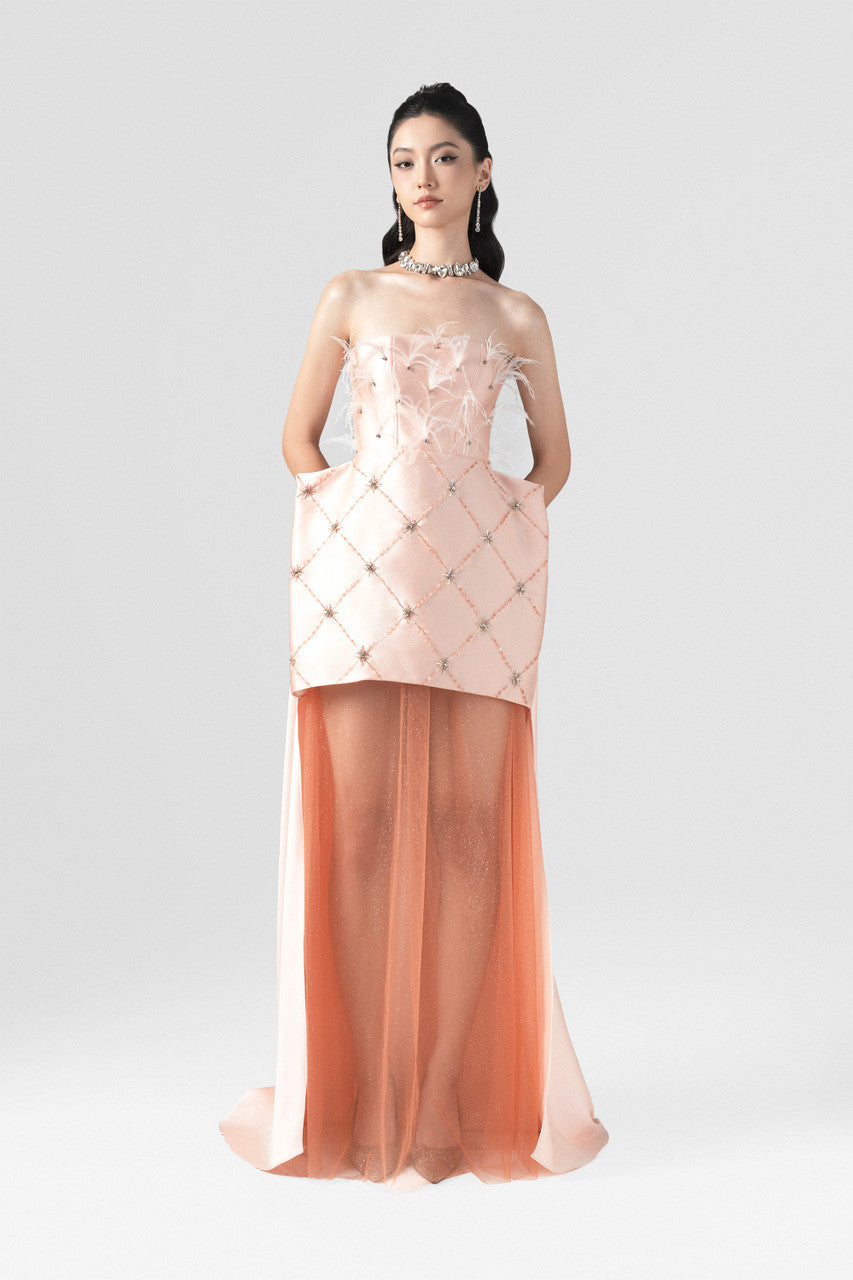 Victorian Strapless Feather & Embellished Boxy Gown