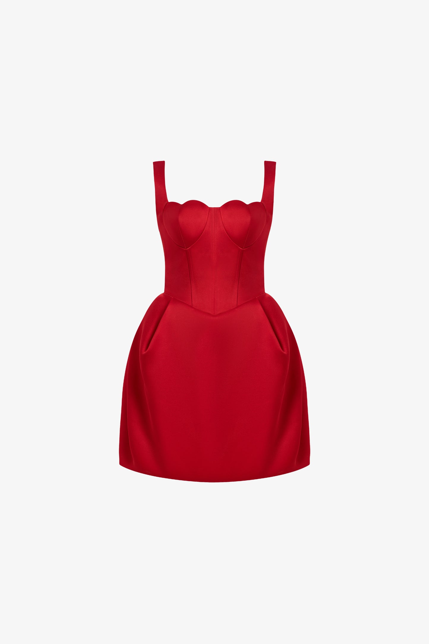 A red mini dress in taffeta, designed with a romantic heart-shaped neckline and puffed hips with structured pleats.