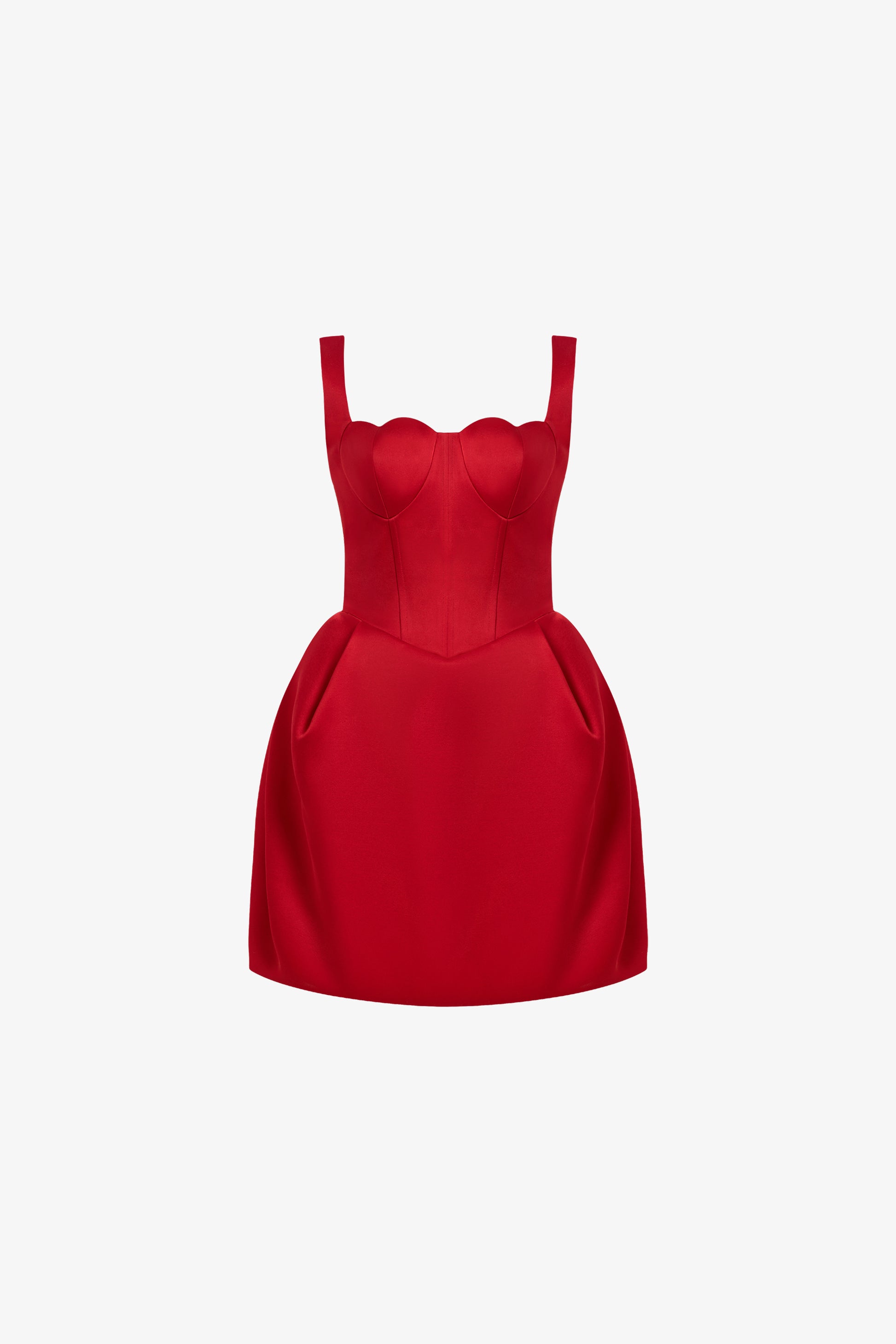 A red mini dress in taffeta, designed with a romantic heart-shaped neckline and puffed hips with structured pleats.
