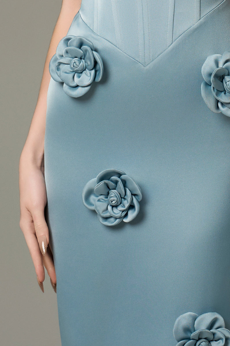 Aquarelle Silk 3D Floral Applique Maxi Dress