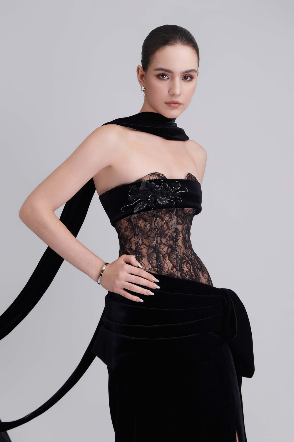 Naomi Bandeau Velvet Maxi Dress With Crystal Applique Scarf