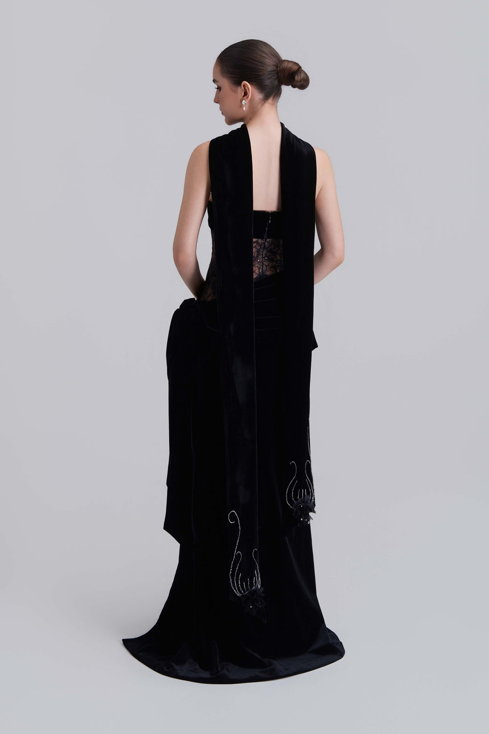Naomi Bandeau Velvet Maxi Dress With Crystal Applique Scarf