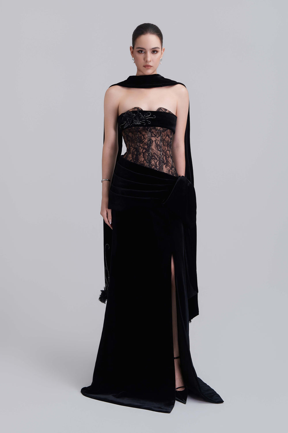 Naomi Bandeau Velvet Maxi Dress With Crystal Applique Scarf