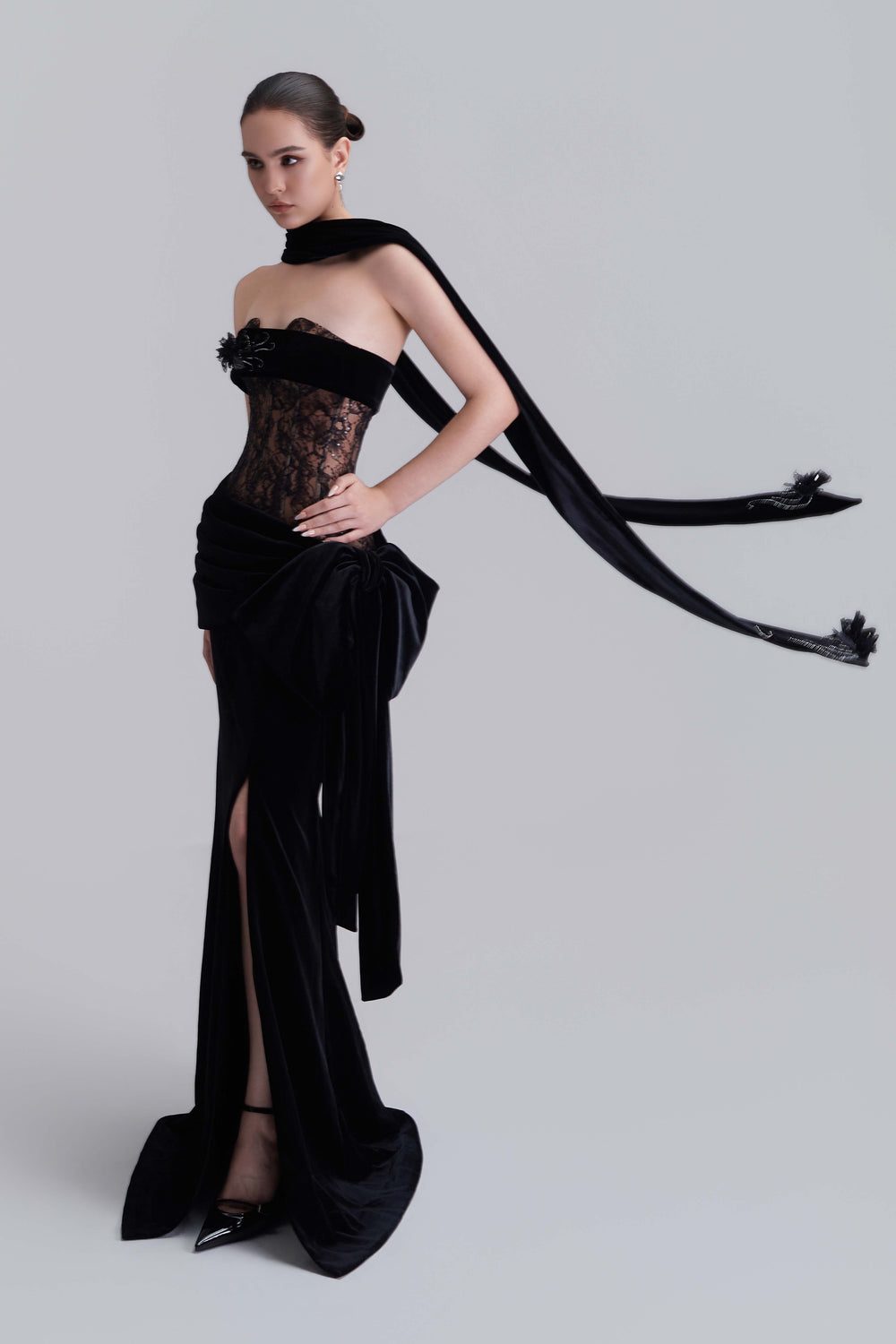 Naomi Bandeau Velvet Maxi Dress With Crystal Applique Scarf