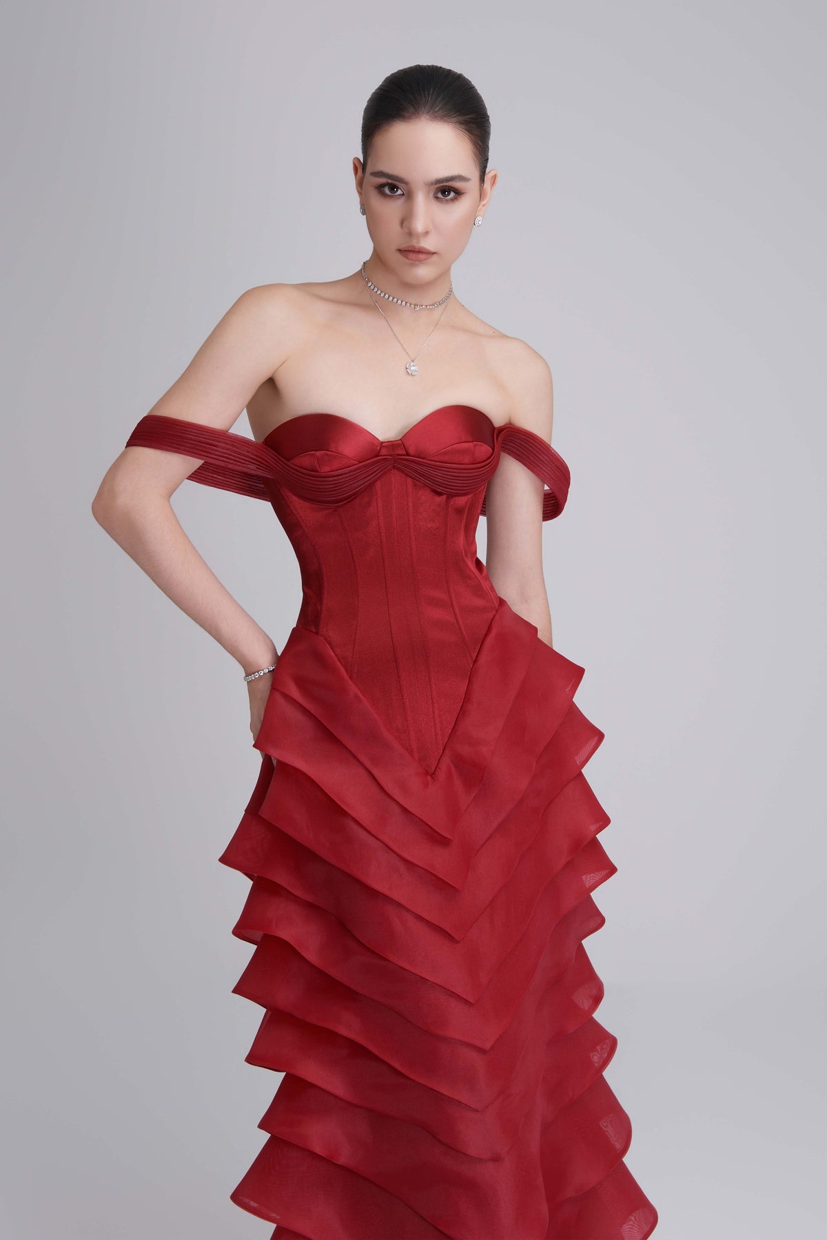 Laya Off-shoulder Sweetheart Neckline Layered Maxi Dress