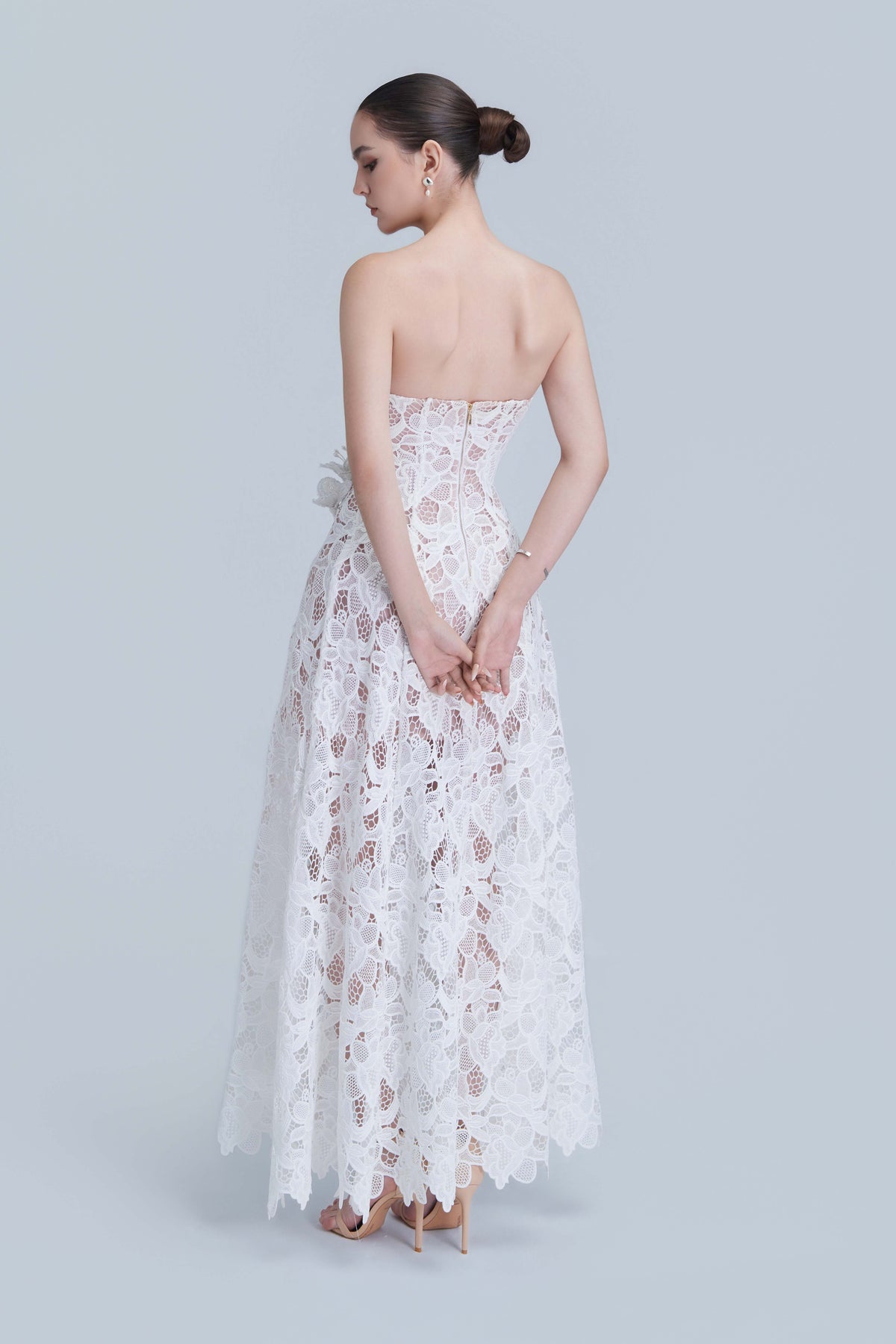 Assia Lace Embellished Floral Bandeau Neckline Maxi Dress